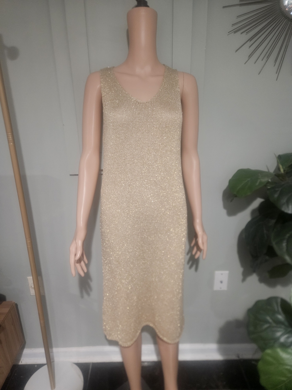 YUNIKA Made in Italy Gold Metallic Knit Midi Dress Sparkle Sleeveless. S/M - Picture 4 of 16
